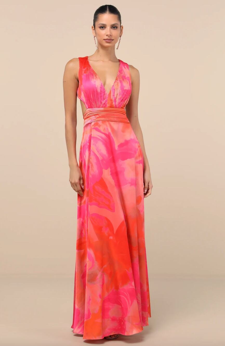 Lulus Dedra Pink and Orange Abstract Pleated Maxi Dress Formal Satin Large NWT